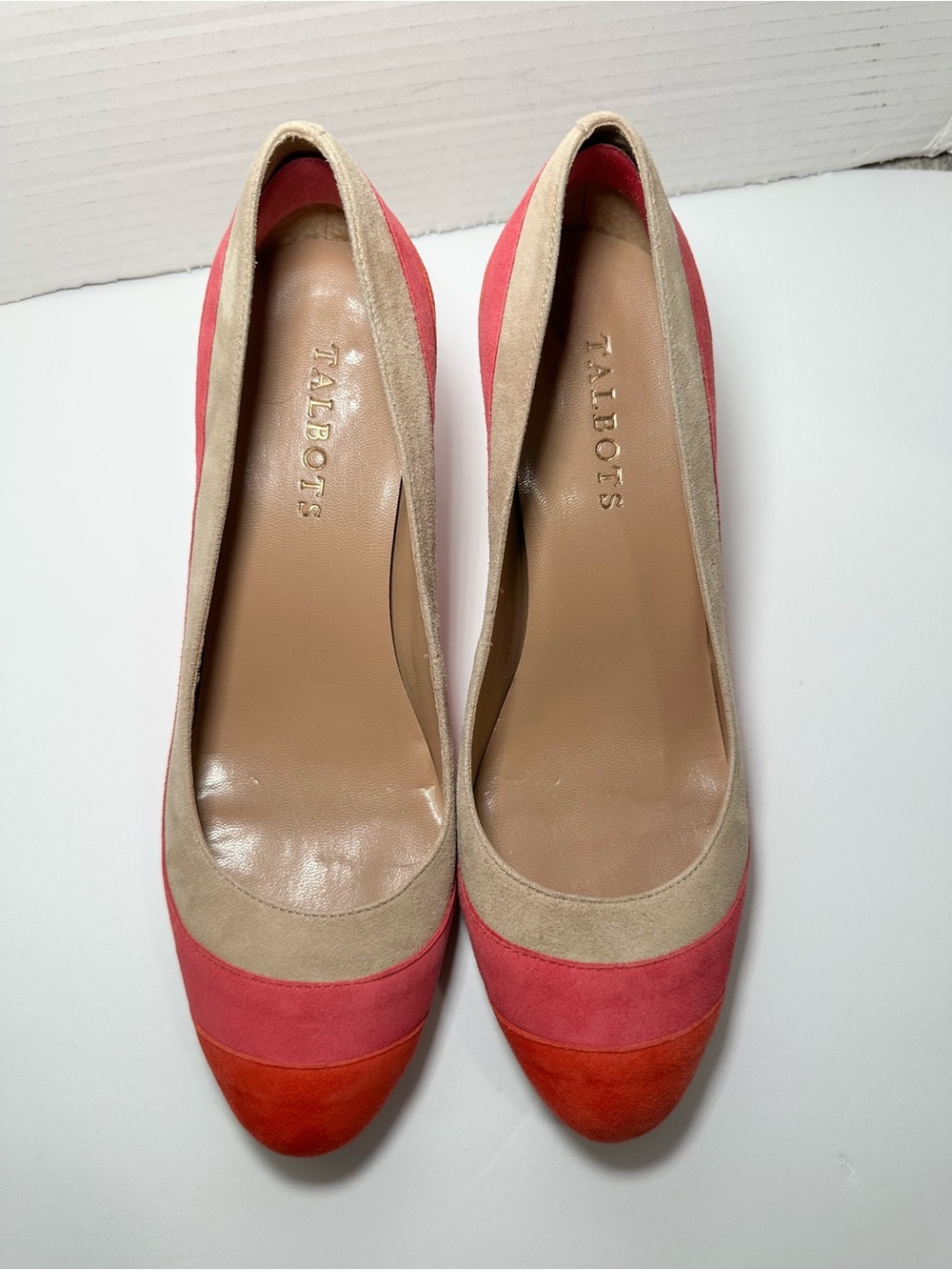 Talbots Women’s Orange Pink Beige Suede Stripe Retro Almond Toe Heel Pump-Size 8 - Picture 3 of 11